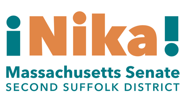 official logo says !Nika¡ Massachusetts Senate Second Suffolk District in teal and orange